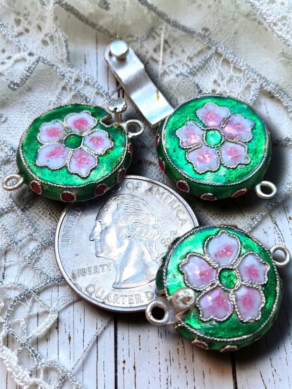 Vintage Green Enamel Flower Connector Charm - Womens Jewelry Making Supplies
